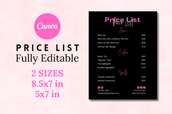 Pink Price List Canva Template for Business